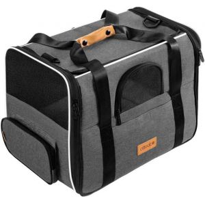 CADOCA Sac de transport pour chat chien max. 20kg Gris pliable avec bandoulière caisse de transport chat respirant avec gamelle