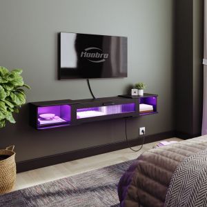 Meuble TV flottant 140 cm avec 3 prises et 2 ports USB Console de divertissement murale avec bande LED et station de charge pour téléviseurs jusqu'à