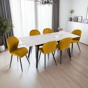 M&S Table extensible effet marbre blanc + 6 chaises en velours moutarde