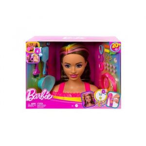 Tete a coiffer barbie ultra chevelure brune meches arc en ciel - 22 accessoires color reveal - set coiffure poupee et carte
