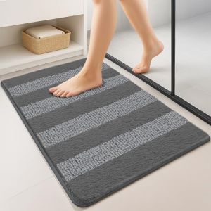 Vounot Lot de 2 Tapis de Bain Antidérapant en Chenille Microfibre Moelleux et Ultra Absorbant à Rayures Confortable Lavable en Machine pour Salle de Bain Douche Baignoire 40x60cm Gris