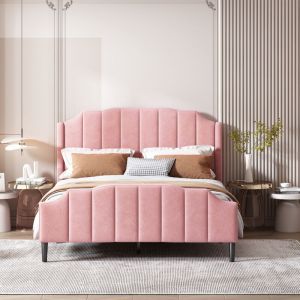 Lit adulte Lit adolescent double capitonné 140 x 200 cm avec tête de lit, velours, rose