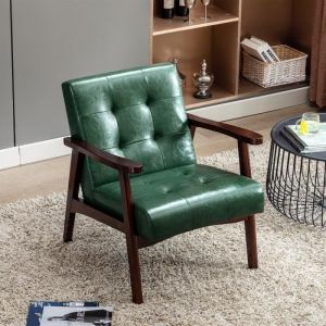 Fauteuil Vintage M&eacute;di&eacute;val HOMEMIYN - Design R&eacute;tro en Similicuir Vert et Bois d'H&eacute;v&eacute;a Massif