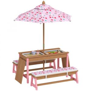 Table pique-nique enfant avec bancs - AIYAPLAY - coussins, parasol pliable, bo&icirc;tes de rangement amovibles - motif &agrave; flamant - rose