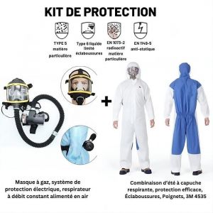 M&eacute; Kit de protection : Masque &agrave; gaz int&eacute;gral de protection &eacute;lectrique, respirateur &agrave; d&eacute;bit constant + Combinaison d'&Eacute;t&eacute; &agrave; Capuche prote