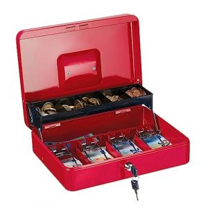 Relaxdays Caisse à monnaie, verrouillable, compartiments pour pièces et billets, fer, hlp 8,5 x 30,5 x 24,5 cm, rouge