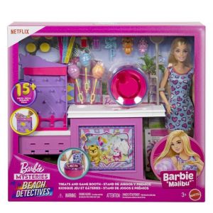 Mattel Poupée Les Mystères de : Détectives de Plage « Malibu » avec coffret stand de jeu et barbe à papa, avec 20 accessoires, y compris des prix, JFV67