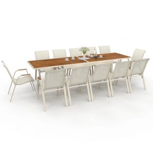 Idmarket Salon de jardin NOUMEA table extensible 135/270 CM plateau verre tremp&eacute; effet bois et 12 chaises empilables beige et bois