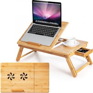 Table de Lit Pliable 53 x 33 cm, Plateau de Lit en Bambou avec Pieds Réglables et Plateau Inclinable, Support d'Ordinateur Portable avec Tiroir et