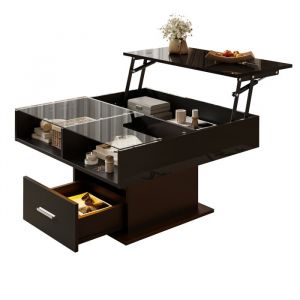 Table basse ronde, plateau verre tremp&eacute;, table de salon et balcon, 80x80&times;36 cm, pi&egrave;tement MDF&mdash; marron