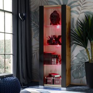 Komodee - Vitrine Armoire Tivoli, Noir/Wotan Largeur 55cm x Hauteur 159cm x Profondeur 35cm, led rgb, 3 étagères, pour Salon, Chambre, Entrée