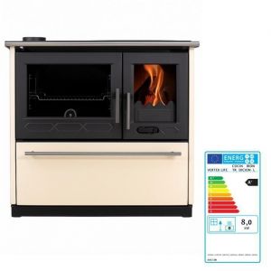 EIDER BIOMASA Poêle à bois d’angle 10 kW – COCINA 170 m³ – Rendement 80 % – Sortie Ø130 mm – Classe énergétique A – Acier – Avec espace de rangement
