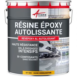 Arcane industries Résine Epoxy Autolissante - Peinture pour Sol : Déco intérieure, Atelier - Effet Miroir - 5 kg Jaune Signalisation - ral 1023