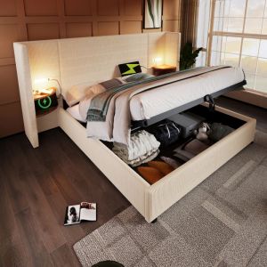 Lit double 4 tiroirs 160x200cm, lin, sans matelas, lit adulte, usb, beige