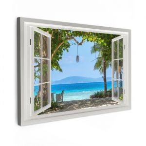 TABLEAU SUR TOILE Vue - Arbre - Mer - Palmier - Collines - Plage - Bleu Toile Peinture Grand Format XXL 150x100 cm