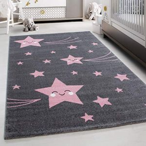 Teppium Tapis de Chambre pour Bébé et Enfant Joli motif étoile couleur rose et gris 120 cm Rond