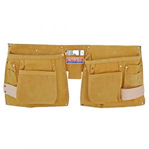 Faithfull Pochette double en cuir su&eacute;d&eacute; pour outils et clous &ndash; Ceinture &agrave; outils 10 poches avec passants pour marteau et ceinture r&eacute;glable (tailles : 74 &agrave; 117 cm) &ndash; Beige