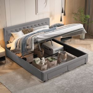 Lit coffre 180x200cm - Lit double en tissu velours avec 2 tiroirs, sommier à lattes et tête de lit - conception de bouton - Gris