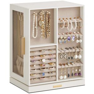 Bo&icirc;te &agrave; bijoux rotative &agrave; 360&deg; coffret &agrave; bijoux avec 5 tiroirs fen&ecirc;tres en verre lat&eacute;rales grand rangement pour accessoires design ouvert