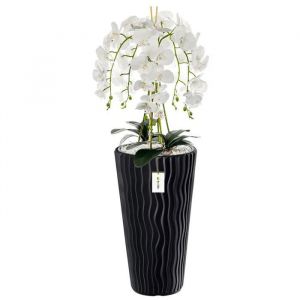 Orchid&eacute;e artificielle bouquet de fleurs blanches feuilles galets pot haut Anthracite H 115 cm