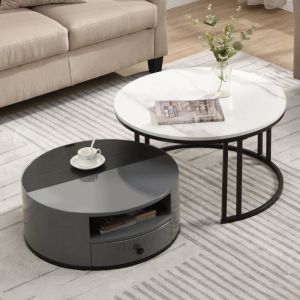 Lot de 2 tables gigognes - aspect marbre en pvc - 1 tiroir et 1 niche - gris