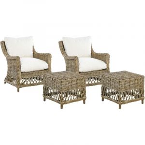 Beliani Fauteuils en Rotin Naturel pour Intérieur et Extérieur avec Repose-Pieds et Coussins Blanc-Cassé Ribolla Lot de 2 - Beige