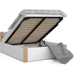 Lit double - BOSTON - 160x200 cm - Pin - Blanc - Avec coffre de rangement