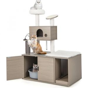 Chat avec Meuble Liti&egrave;re pour Chat 1 Condo Griffoirs Gratter en Sisal Balles Suspendues Gris 132CM