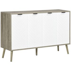 Homcom Buffet design scandinave 4 portes 2 étagères piètement bois de pin panneaux portes motif chevrons blanc aspect bois gris