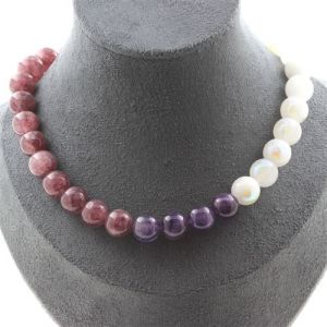 Collier perles Am&eacute;thyste 10 mm + Pierre de lune 10 mm + L&eacute;pidolite 10 mm cha&icirc;ne inox - A Bijoux