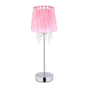 Relaxdays Lampe de table, abat-jour en organza, pied rond, lampe de chevet, H x D 41 x 14,5 cm, rose/argenté