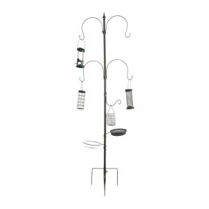 Relaxdays Mangeoire pour Oiseaux 6 en 1, Piquet, Abreuvoir, Distributeur de graines, Acier, Noir