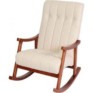 Décoshop26 Fauteuil à bascule rocking chair rela par avec accoudoirs en simili cuir crème cadre aspect noyer