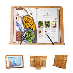 Support de Livre en Bambou. Porte-Livre avec 2 Supports de Page en Métal. Support Pliable et Réglable pour Ipad/Tablette/Livres de Cuisine/Support de Document de Bureau