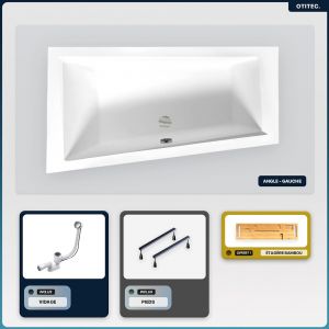 Baignoire asymétrique - 160 x 90 cm - Gauche - sans Habillage - avec Pieds - Étagère bambou - Vidage Chrome - INTIMA