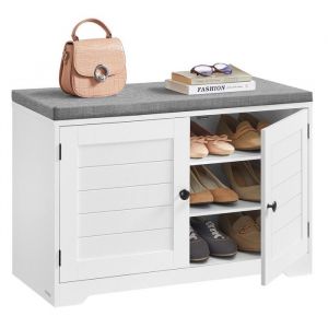 Banc à chaussures sur 3 niveaux avec portes et coussin blanc et gris