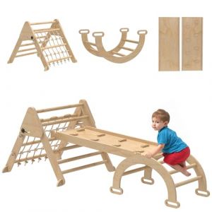 AIYAPLAY 8 en 1 Triangle d'escalade Enfants avec Rampe Double Face, Arc d'escalade en Bois peuplier avec Toboggan & &eacute;chelle, Charge 50 kg pour Glisser ou Grimper pour b&eacute;b&eacute; de 18 &agrave; 48 Mois, Naturel