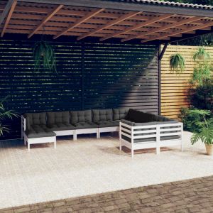 VidaXL Salon de jardin 10 pcs avec coussins Blanc Bois de pin