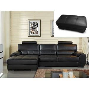 Canap&eacute; d'angle et pouf en cuir METROPOLITAN II - Noir - Angle gauche
