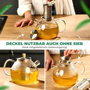 Neighbour's Friend Théière en verre 1,5 l pour thé en vrac & sachets de thé - Théière avec passoire grande anti-gouttes - passoire en acier inoxydable 3 pièces avec poignée de couvercle en bambou - Théière en verre lavable au lave-vaisselle