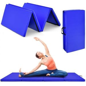 COSTWAY Tapis de Gymnastique Pliable 240 x 116 x 5cm 4 Plis en Mousse de PU 2 Poignées et 4 Velcro Housse Amovible Fitness,Yoga Bleu