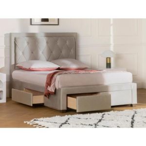 Lit avec tiroirs 160 x 200 cm - Tissu velours - Beige grisé + Matelas - LEOPOLD