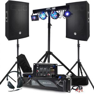 Bm sonic Pack sono 4400W Amplificateur 2000W Enceintes 15 pouces Pieds Table de mixage Portique Euphoria 48 effets lumière