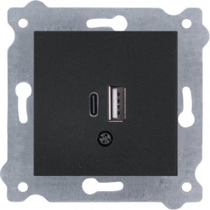 Exen - Prise murale double chargeur usb Type-C + Type-A noir métallique bornes à vis 277/14E