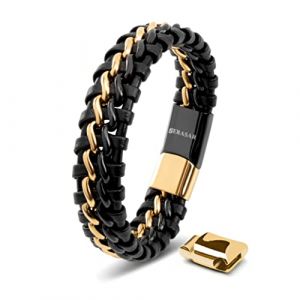 Bracelet en Cuir pour Homme SERASAR B015-23 Or/Noir Bijoux &eacute;l&eacute;gants et &agrave; la mode cadeau parfait pour mari ou petit ami.