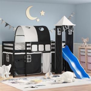 VidaXL Lit Mezzanine Enfants avec Tour, Lit Surélevé pour Enfants avec Échelle, Meuble de Rangement Chambre, Moderne, Blanc Noir 90x190 cm Pin Massif