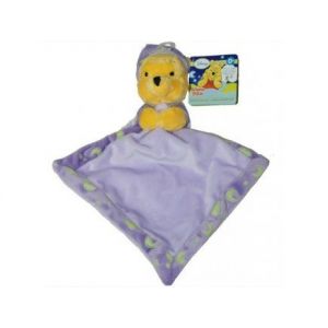 Nicotoy Doudou Plat Disney Winnie l Ourson Brille Dans La Nuit Avec Mouchoir Violet - Peluche Enfant Et Bebe - Naissance - Fille - Garcon