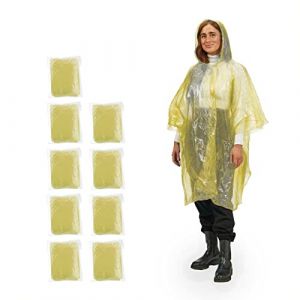 Relaxdays Ponchos imperméables jetables, Lot de 10, ciré avec Capuche, Contre la Pluie, randonnée, Unisexe, Jaune
