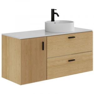 Meuble de salle de bain suspendu strié avec vasque à poser ronde - 1 porte et 2 tiroirs - Naturel clair - 120 cm - SARONE