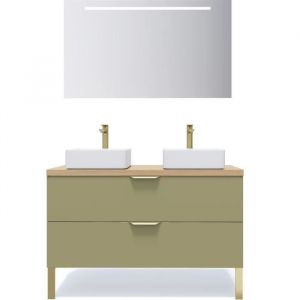 Meuble de salle de bain suspendu 2 vasques &agrave; poser 120cm 2 tiroirs Vert olive + miroir - Venice